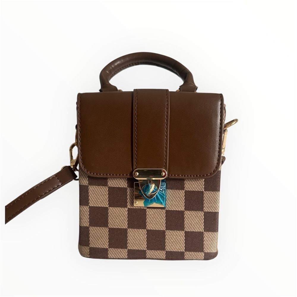 Elegant Brown Checkered Crossbody Bag NWT